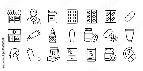 Collection of pharmacy and medical icons for healthcare and treatment