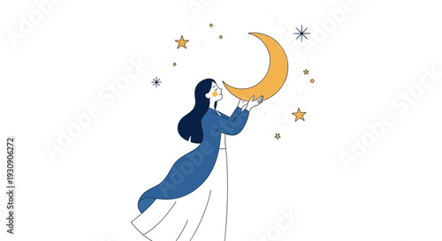 Serene Woman Holding Crescent Moon Amidst Stars Minimalist Illustration