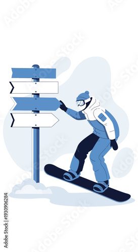Snowboarder Choosing Direction At Snowy Crossroads Signpost