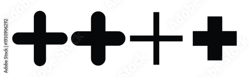 Collection of plus sign icons with different styles, black