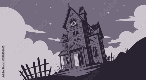 Sinister Haunted House on a Dark Hillside Under a Starlit Sky Illustration
