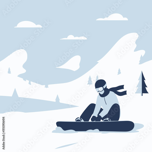 Snowboarding Adventure On Snowy Mountain Slopes With Winter Landscape And Clear Skies