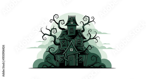 Sinister Spooky Mansion Surrounded by Twisting Branches Against a Cloudy Backdrop