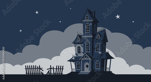 Sinister Spooky Mansion Under A Night Sky With Stars And Gloomy Clouds