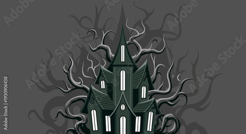 Sinister Spooky Abode in Gloomy Forest with Creepy Branches and Pale Windows