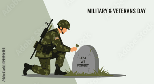 Soldier Kneeling At Gravestone Honoring Fallen Heroes Remembrance