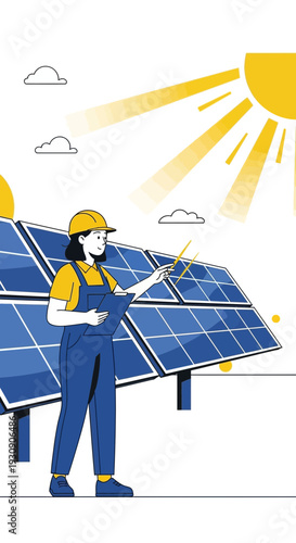 Solar Energy Technician Inspecting Panels Under Bright Sunlight