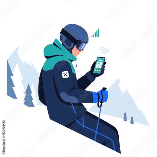 Skier Experiencing High-Speed Connectivity on Snowy Mountain Slope with Smartphone Interface