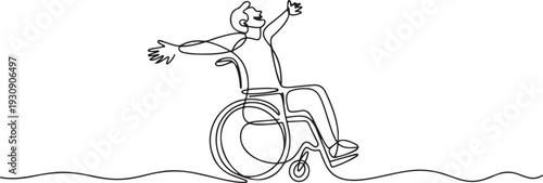 Continuous one line drawing. Disabled man on wheelchair enjoy with moving. Vector illustration total editable. one line Icon drawing