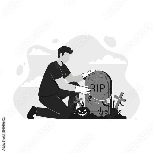 Solemn Remembrance At Halloween Gravestone With Festive Decorations