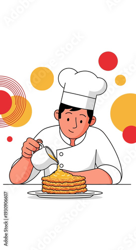 Skilled Chef Decorating Delicious Stack of Golden Pancakes With Syrup
