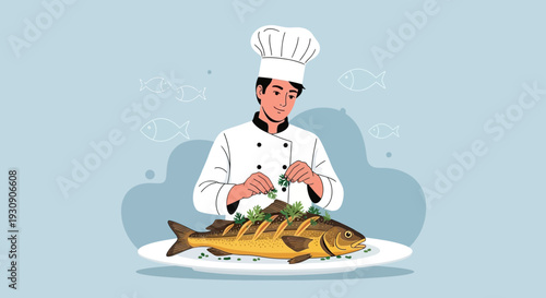 Skilled Chef Artfully Garnishes Perfectly Cooked Whole Fish Dinner