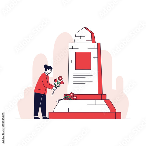 Solemn Remembrance At Monument A Person Places Flowers