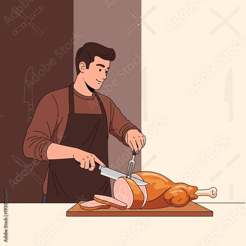 Skilled Chef Carving A Delicious Roast Turkey With Precision And Care For A Festive Meal