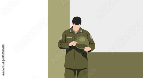 Solemn Soldier Holding Helmet Awaiting Orders or Remembering Service