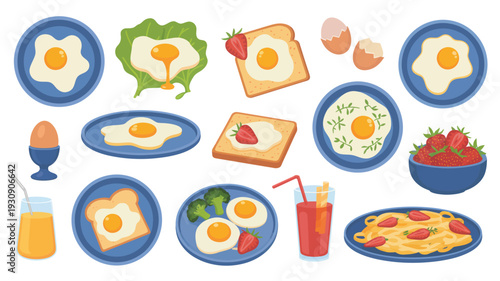 A flat cartoon-style illustration of a variety of breakfast foods, including fried eggs, toast, scrambled eggs, omelets, fruit, and pasta