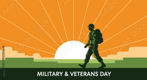 Solemn Soldier Marches Towards Sunrise Honoring Military and Veterans