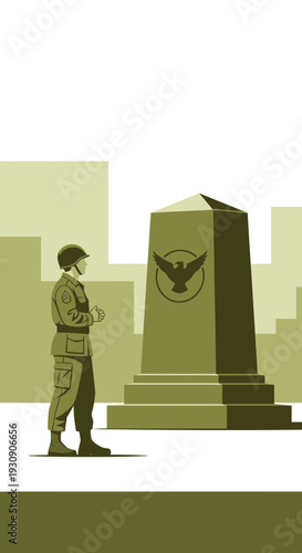Solemn Soldier Standing Guard Before Monumental Memorial Structure