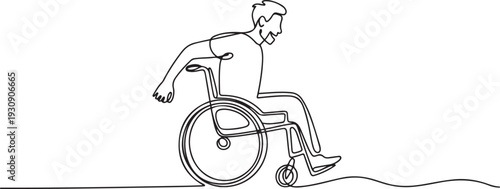 Continuous one line drawing. Disabled man on wheelchair enjoy with moving. Vector illustration total editable. one line Icon drawing