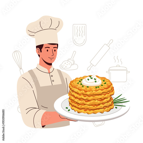 Skilled Chef Presents Delicious Golden Stacked Pancakes Topped With Creamy Dollop And Fresh Chives