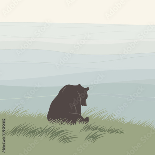 Solitary Bear Contemplating Vast Waters Under a Hazy Sky