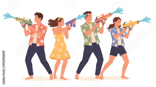 Vibrant illustration of diverse friends joyfully engaging in a spirited water gun fight, celebrating festive summer moments with refreshing splashes and cheerful party fun