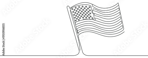 American flag illustration in a single continuous line art style, symbolizing patriotism and national identity.