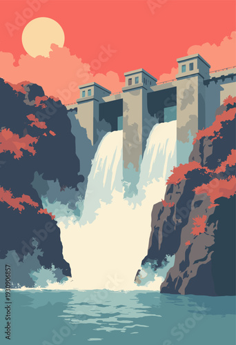 massive, generic Hydroelectric Dam Sweeping curved concrete walls rendered brutalist greys blacks Water plunging down like solid geometric blocks monument to industry Red sky No text