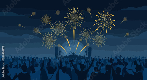 Spectacular Fireworks Display Over Jubilant Crowd at Night Festival