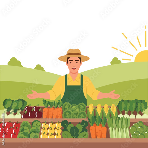 Smiling Farmer Presents Abundant Fresh Harvest Under Sunny Skies