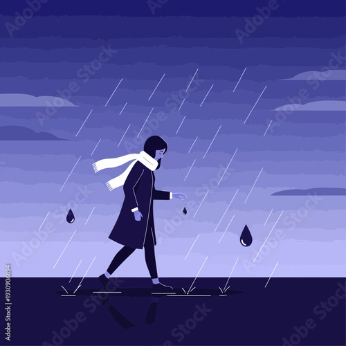 Solitary Figure Navigates A Moody Downpour Under A Twilight Sky