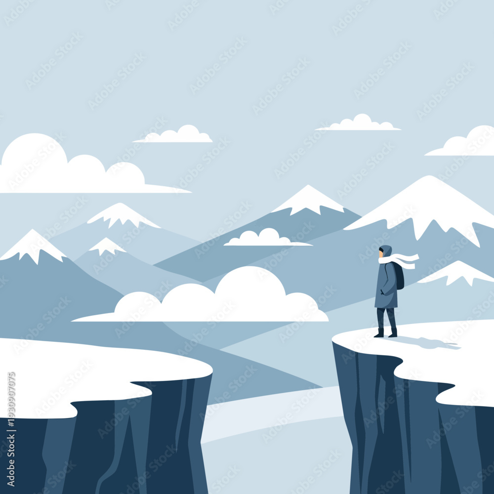 Obraz premium Solitary Wanderer Gazes Across Vast Snowy Mountain Peaks