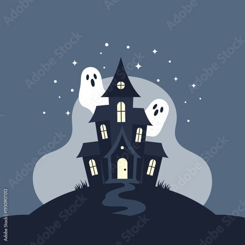 Spooky Illustration Depicting a Dark Haunted House with Floating Spectral Entities at Twilight