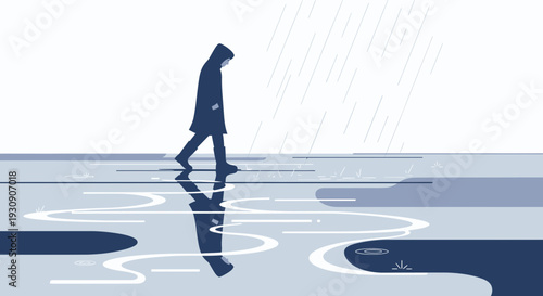 Solitary Silhouette Navigates Reflective Rain Puddles Outdoors