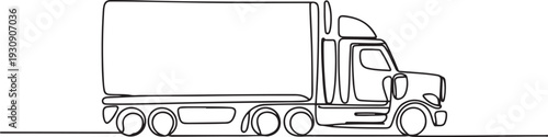 One continuous drawn single art line doodle drawing sketch Truck with Cargo Trailer Driving. Concept of global container transport. one line Icon drawing