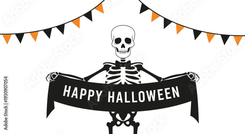 Spooky Skeleton Character Holding Festive Halloween Banner With Party Flags