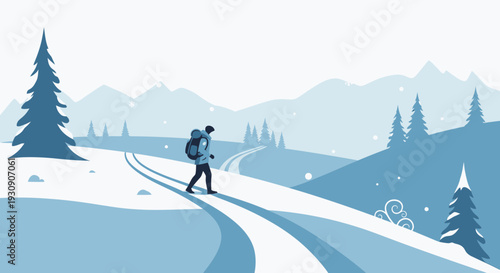 Solitary Traveler Navigating Snowy Mountain Trails