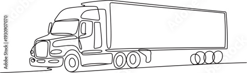 One continuous drawn single art line doodle drawing sketch Truck with Cargo Trailer Driving. Concept of global container transport. one line Icon drawing