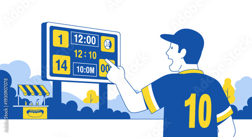 Sports Fan Cheers While Pointing At Scoreboard Near Food Stand