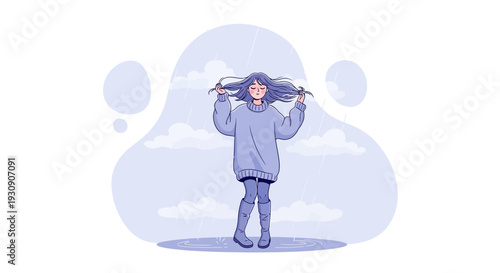 Solitary Young Woman Enjoying Rainy Day Standing In A Puddle Wearing Oversized Sweater And Boots