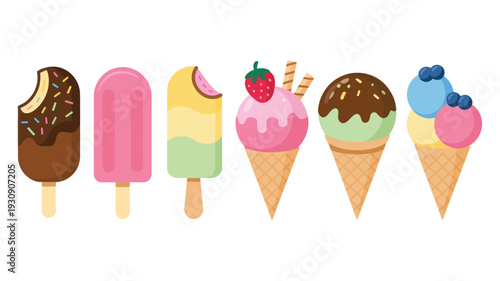 A delightful assortment of colorful and tempting ice cream treats, including popsicles and cones, perfect for summer enjoyment