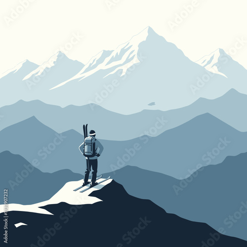 Solo Skier Ascends Snowy Peaks Amidst Layered Mountain Ranges