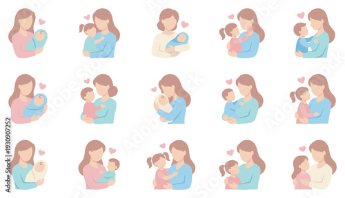 Mother and child illustrations depicting various moments of maternal love and affection, celebrating the special bond between parent and offspring.