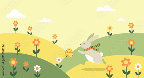 Springtime Bunny Hunt Amongst Blooming Fields And Easter Egg