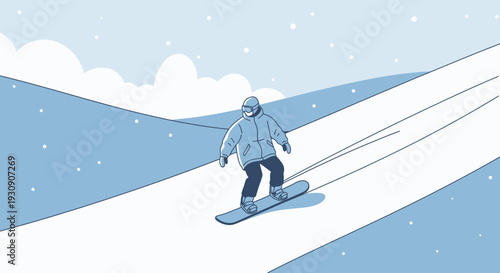 Solo Snowboarder Gliding Down Snowy Mountain Slopes Under Soft Skies