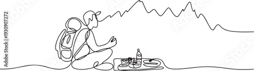 One continuou, drawn single art  line  doodle  drawing  sketch tourist hiking backpack picnic mountains. one line Icon drawing