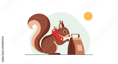 Squirrel Finds a Lunch Bag Under The Sunny Sky, Full Day, Cute Animal Illustration