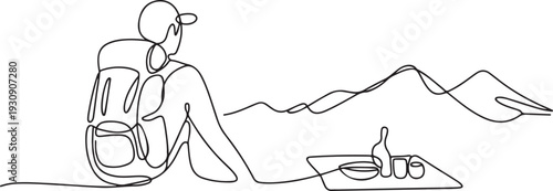 One continuou, drawn single art  line  doodle  drawing  sketch tourist hiking backpack picnic mountains. one line Icon drawing