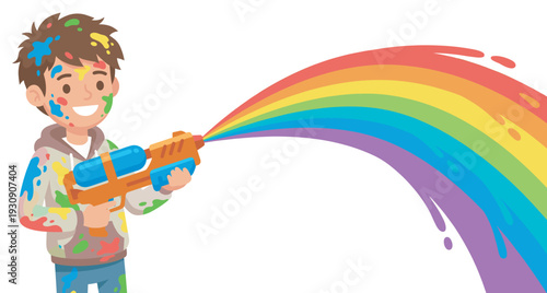Young boy plays with water gun shooting colorful rainbow paint, covered in vibrant splatters and smiling happily.