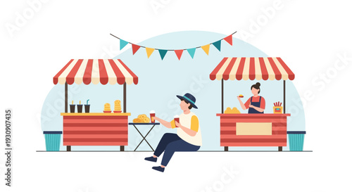 Street Food Festival Scene With Colorful Buntings and Vendors